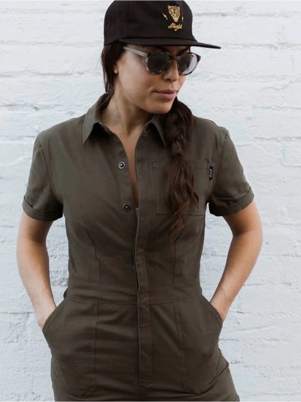 ATWYLD Pit Crew Jumpsuit Olive Green Coverall Style Short Sleeve Women's Size S - Picture 2 of 9
